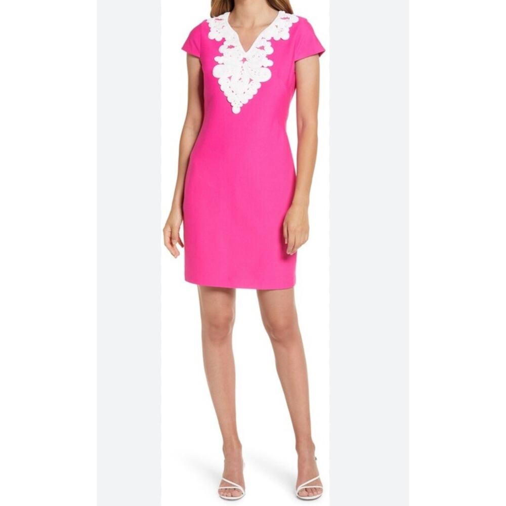 ELIZA J Pink White Cap Sleeve Embroidered V Neck Shift Dress Size 10